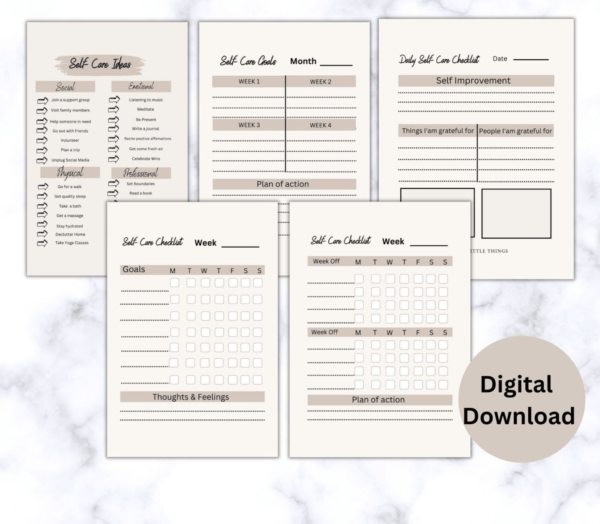 Self-Care Planner Checklist Daily Well-being Mindfulness, Self Printable Plan Motivation.